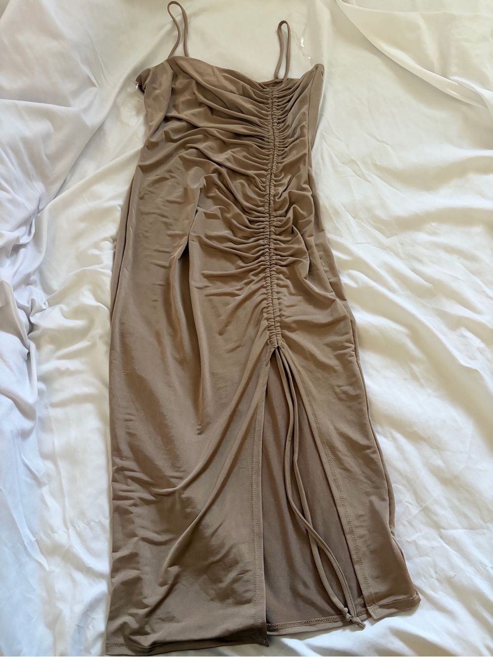 Ruched Slip Midi Dress in Taupe with Front Drawstring